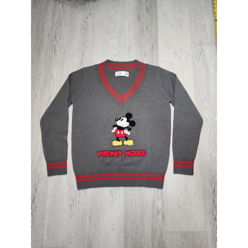 Mickey Mouse Unisex Small‎ Gray V-Neck Knit Sweater Embroidered Mickey